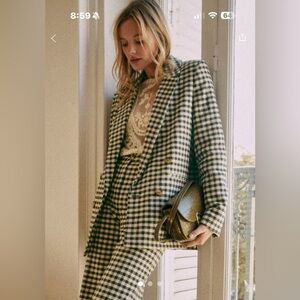 NWT Sézane Chelsea Blazer Dark Green  (almost black) & Ecru Gingham Linen SZ 4